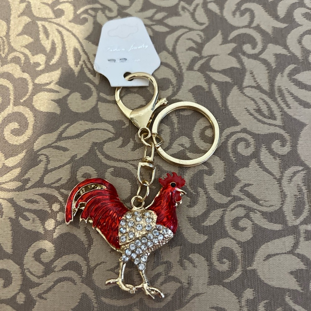 Sparkling Rooster Keychain Rhinestone Charm Gold Tone Metal Bag Charm
